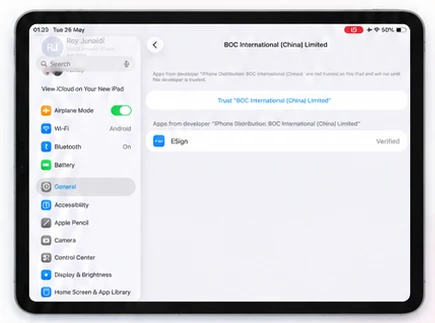 Developer verification and trust settings with ESign listed